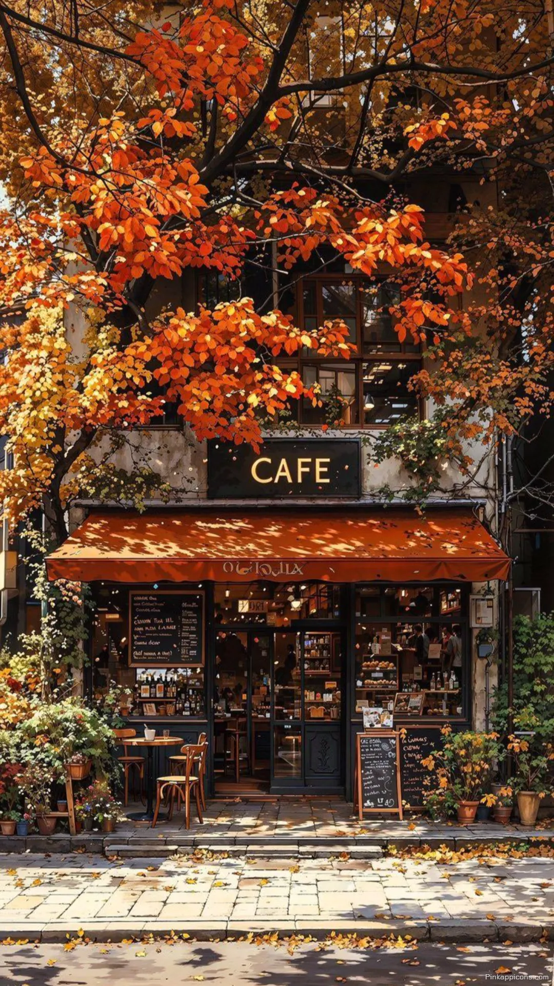 Warm Inviting Cafe Scene Adorned with Bright Orange Autumn Leaves Ideal Phone Wallpaper Warm & Inviting Cafe Scene Adorned with Bright Orange Autumn Leaves Ideal Phone Wallpaper