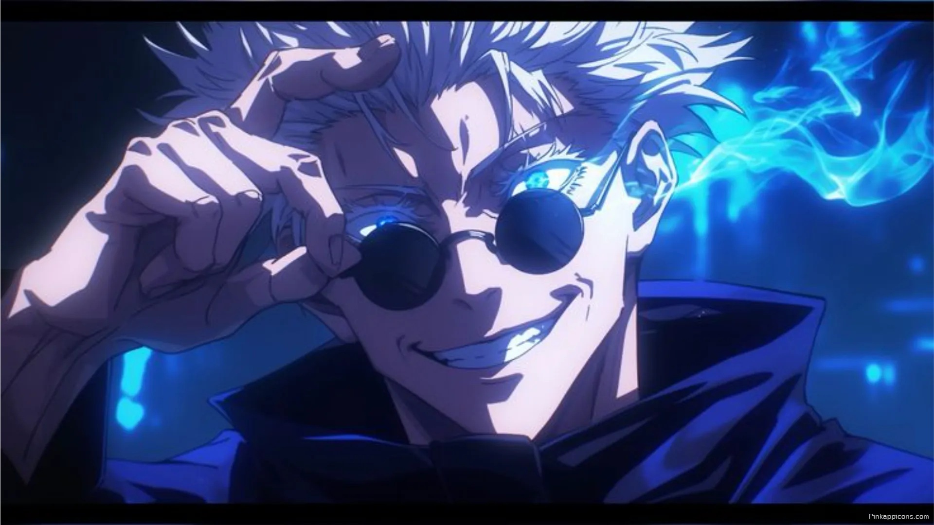 White Haired Anime Sorcerer with Glowing Blue Eyes and Shades Cool Laptop Anime Wallpaper White-Haired Anime Sorcerer with Glowing Blue Eyes and Shades – Cool Laptop Anime Wallpaper