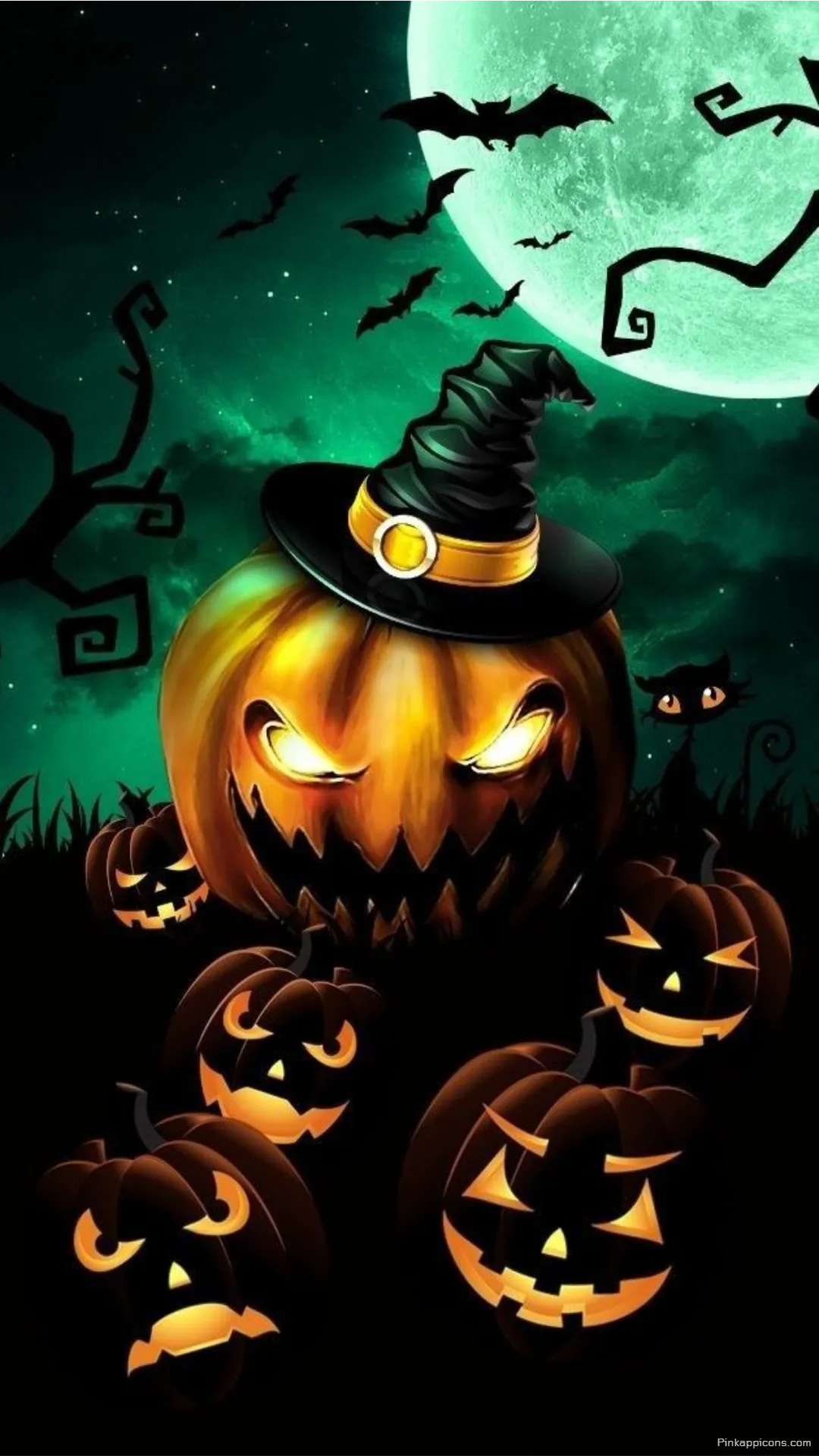 Witch Hat Jack o Lantern Green Moon Halloween Wallpaper Spooky Black Cat Phone Background Witch Hat Jack-o’-Lantern & Green Moon Halloween Wallpaper Spooky Black Cat Phone Background.