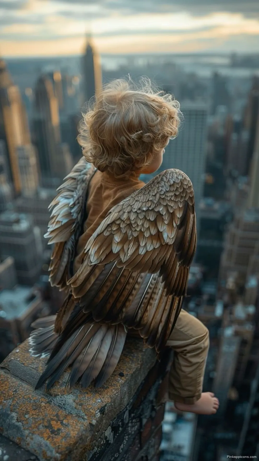 Young guardian angel wallpaper of a child with wings overlooking the city from a rooftop Young guardian angel wallpaper of a child with wings overlooking the city from a rooftop.