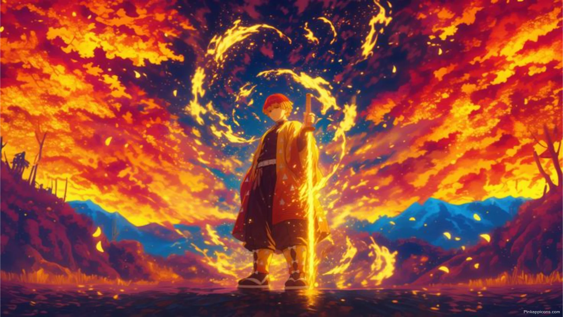 Zenitsu Agatsuma with Flaming Sword and Fiery Sky Dynamic Demon Slayer Laptop Anime Wallpaper HD Zenitsu Agatsuma with Flaming Sword and Fiery Sky – Dynamic Demon Slayer Laptop Anime Wallpaper HD